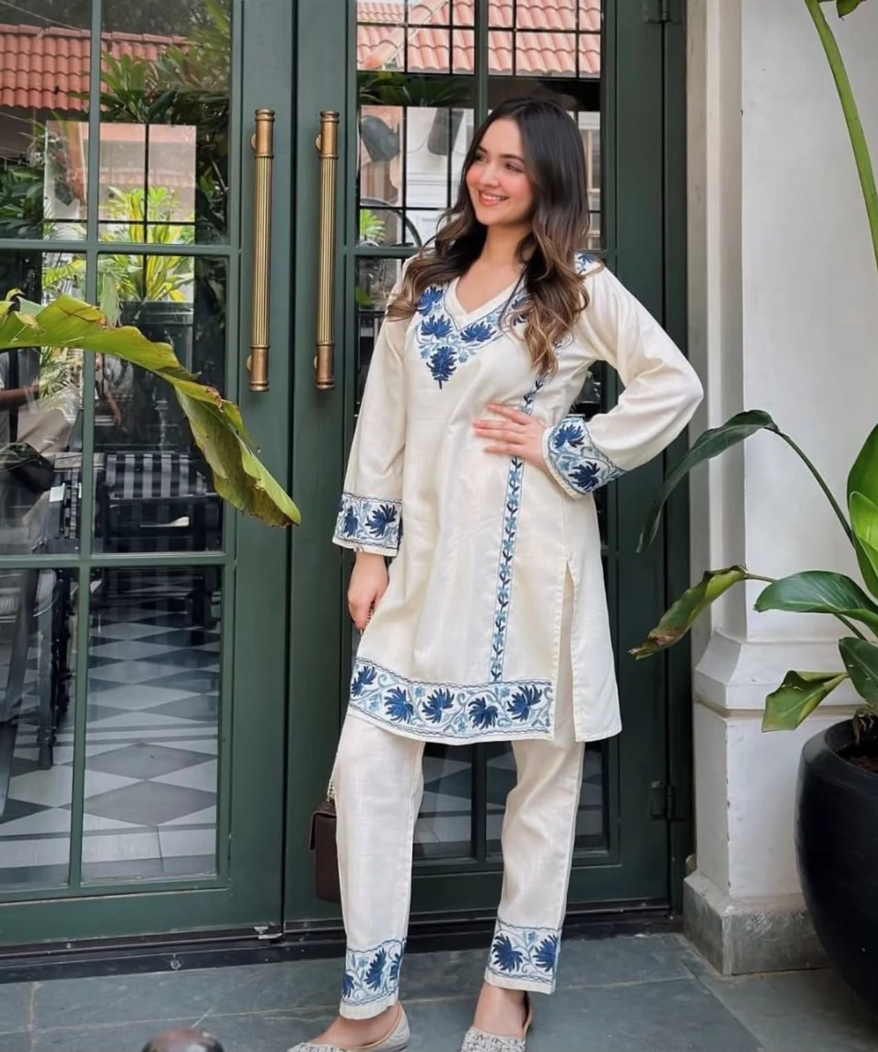 Off White Embroidered Cotton Flex Co-Ord Set | Women's Collection