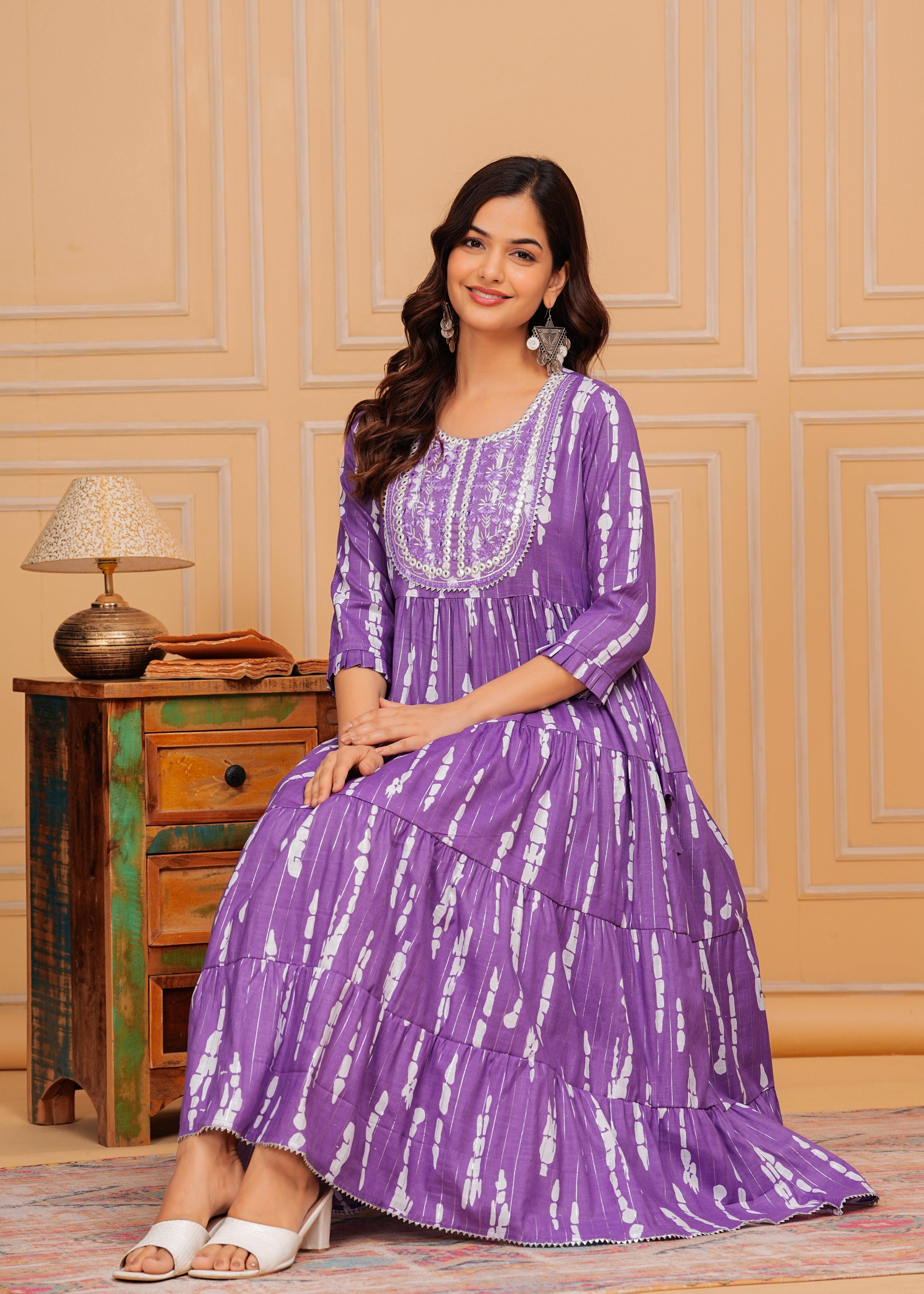 Dark Lilac Embroidered Cotton Lurex Anarkali Gown | Women's Collection