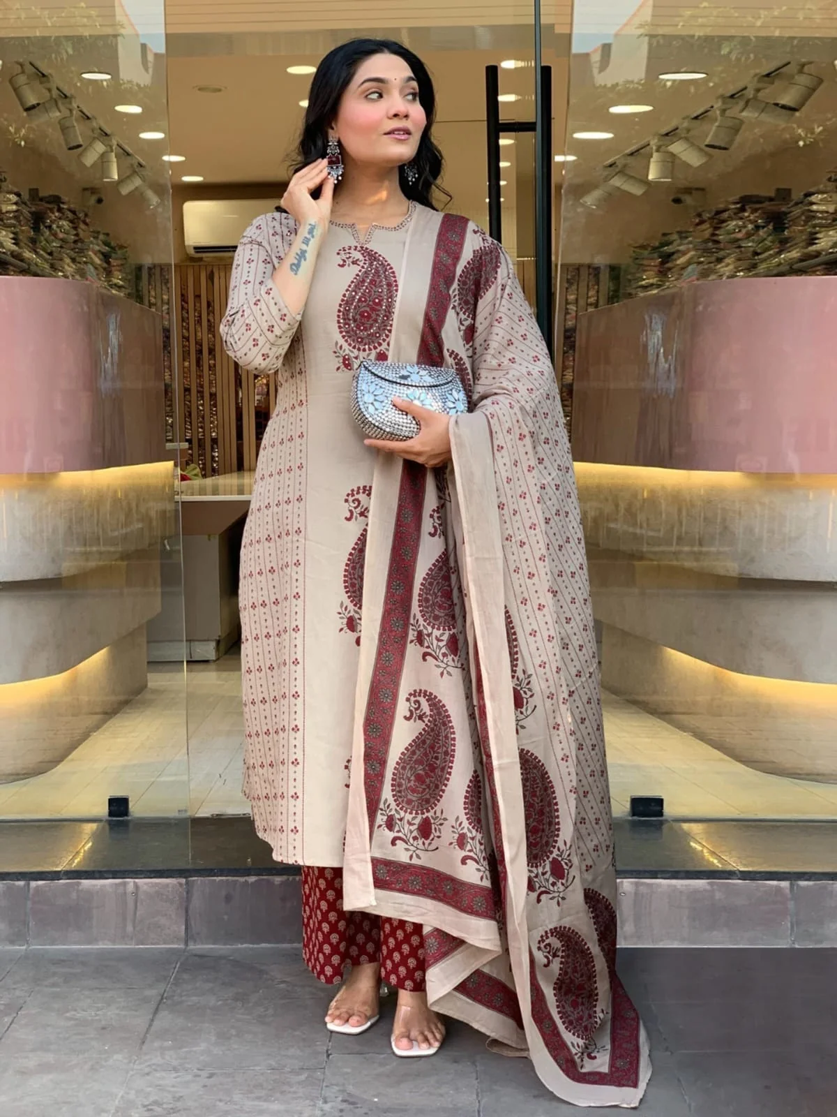 Beige Cherry Printed Cotton Kurta Pant Set with Dupatta | Women's Collection