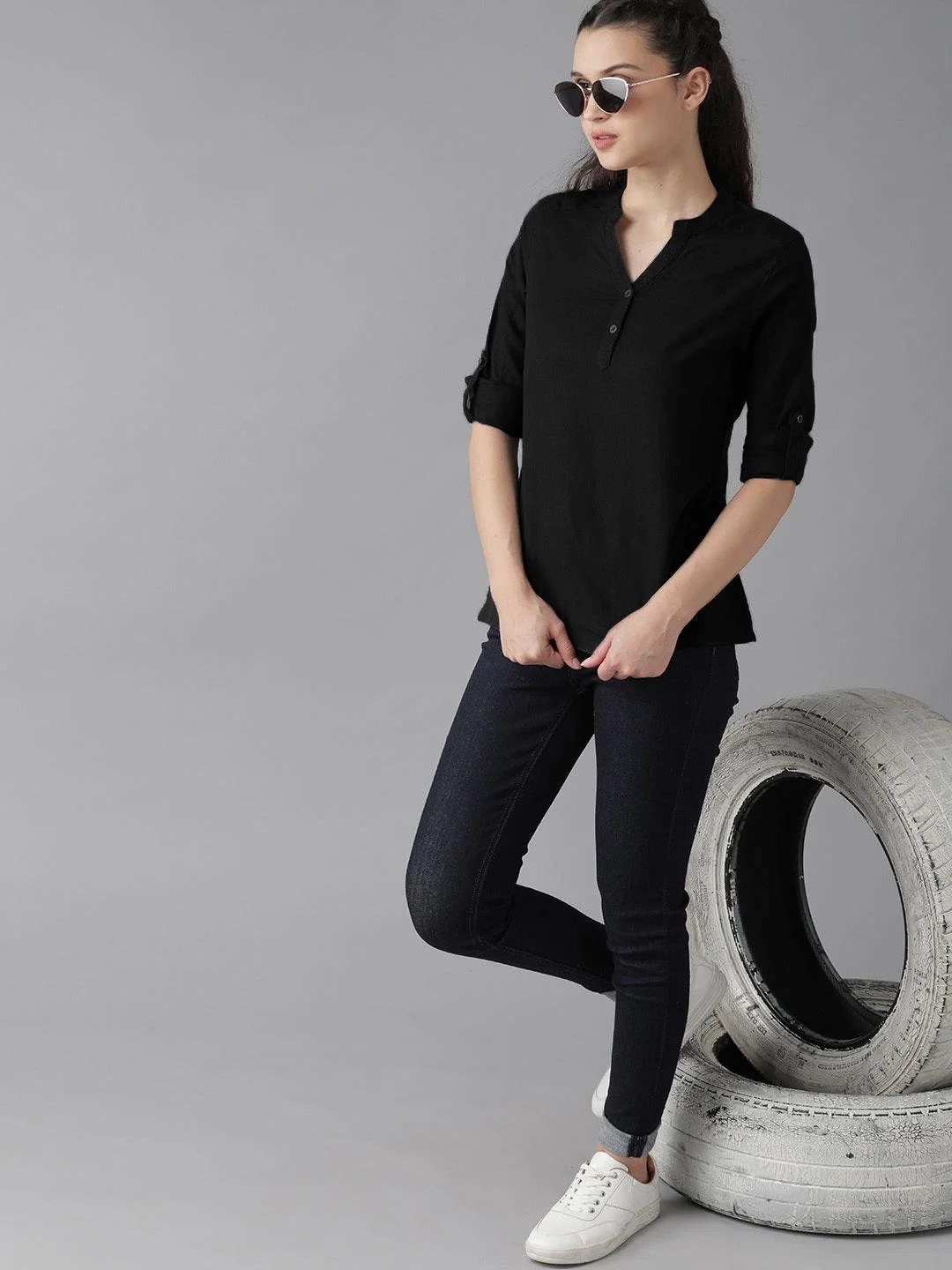 Black Cotton Linen Roll Up Sleeves Short Kurta | Women's Collection