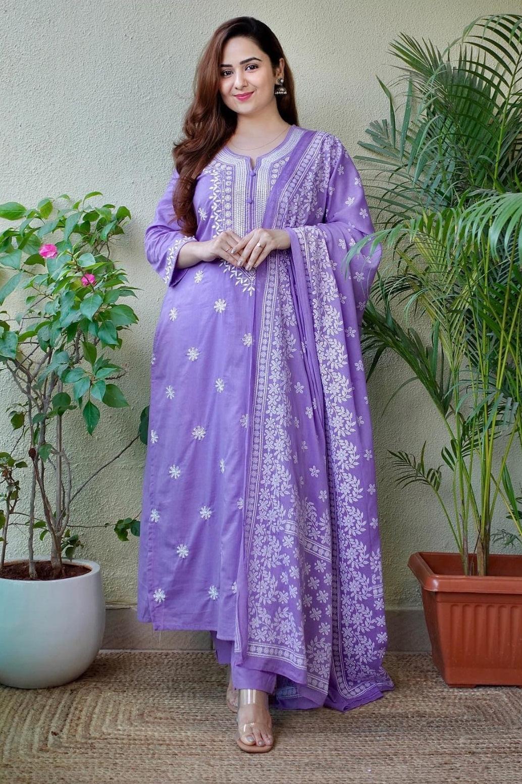 Dark Pastel Purple Embroidered Suit Set with Dupatta | Women's Collection