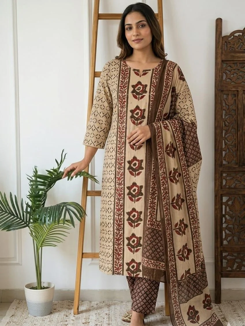 Beige Brown Printed Handwork Kurta Pant Set with Dupatta | Women's Collection
