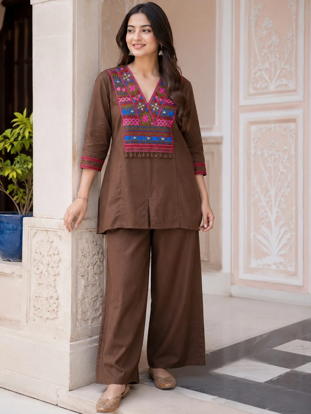 Brown Embroidered Cotton Co-Ord Set | Women's Collection