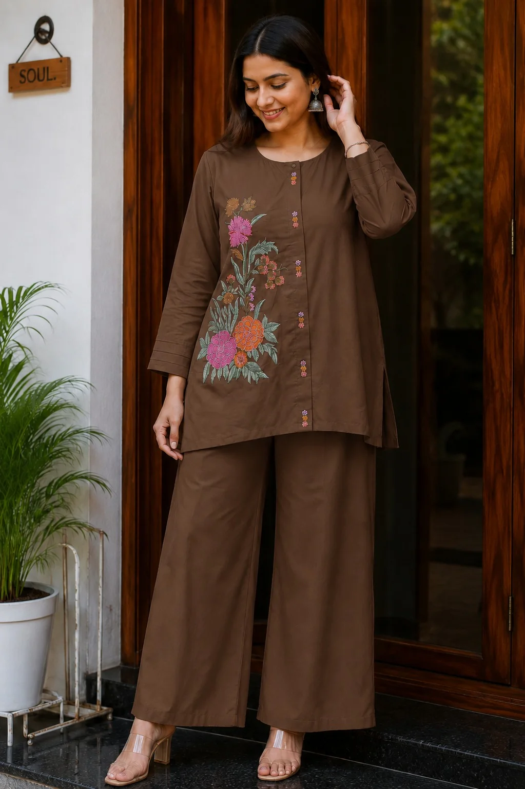 Brown Embroidered Cotton Co-Ord Set | Women's Collection