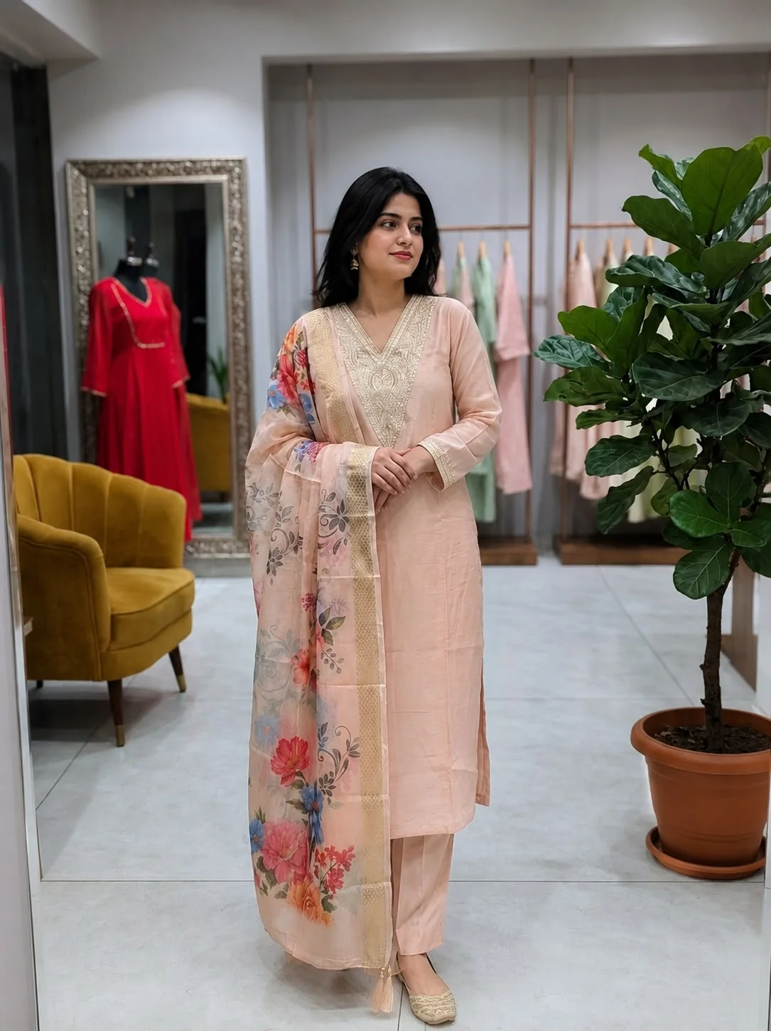 Peach Embroidered Roman Silk Embroidered Kurta Pant Set with Dupatta | Women's Collection