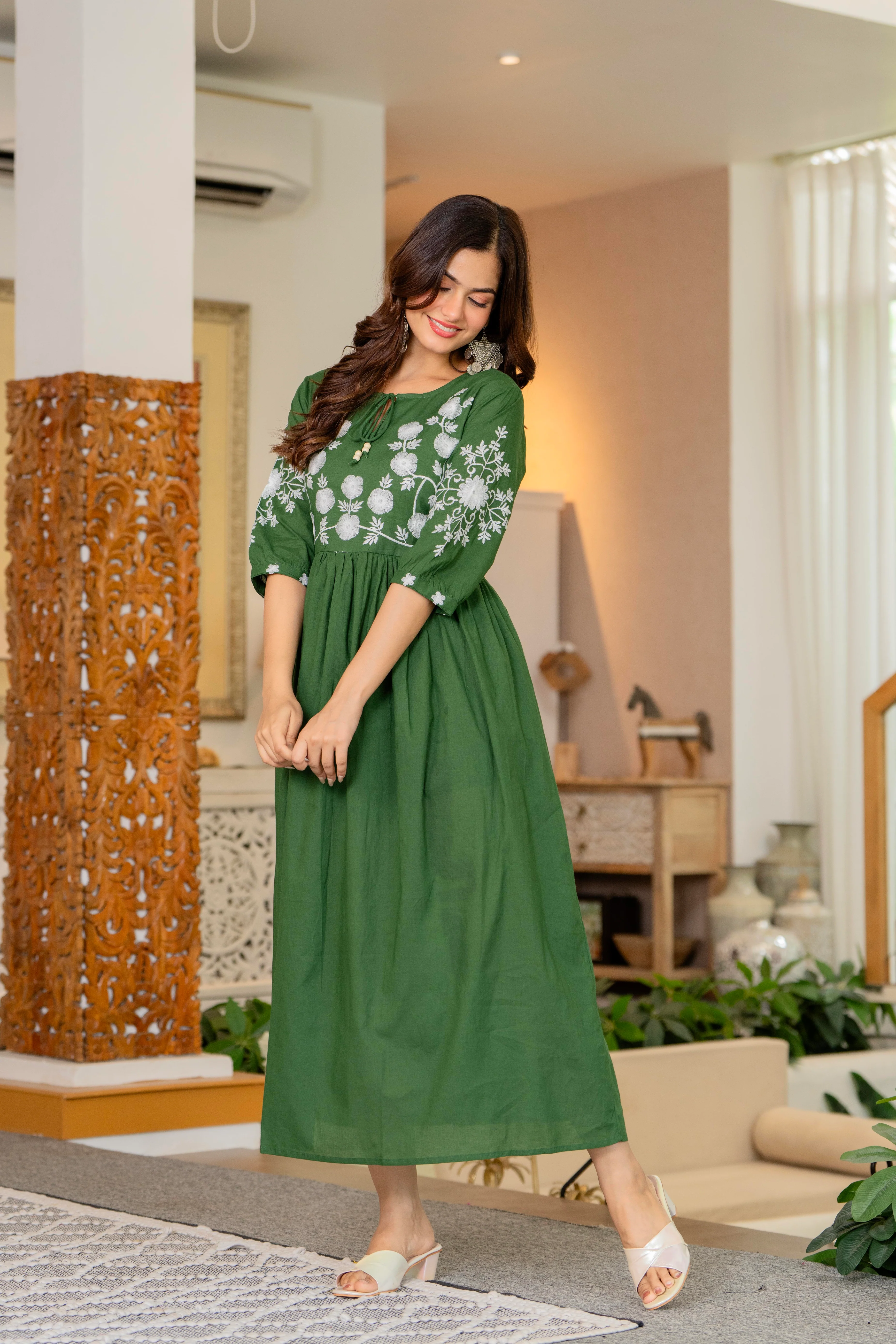 Green Hand Embroidered Cotton Anarkali Gown | Women's Collection