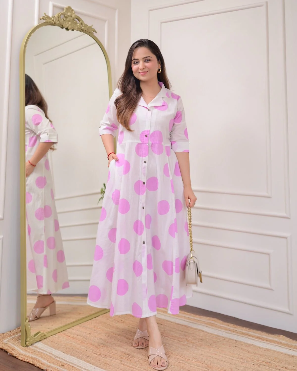 White Pink Polka Dot Printed Rayon Anarkali Gown | Women's Collection