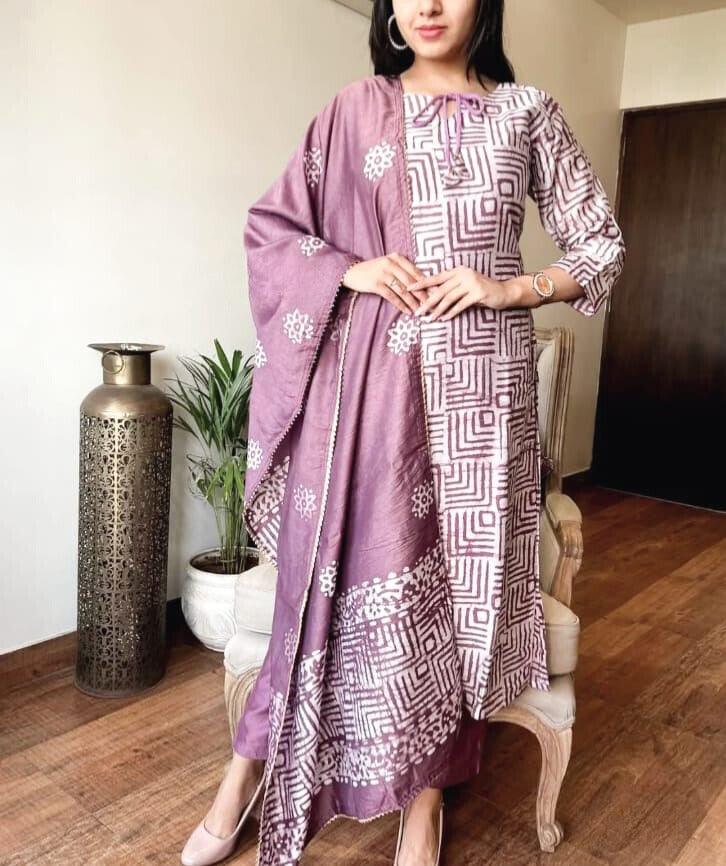 Dusky Purple Procion Printed Suit Set with Dupatta | Women's Collection