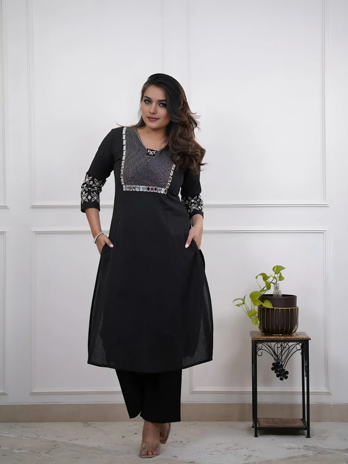 Black Embroidered Cotton Kurta Pant Set | Women's Collection