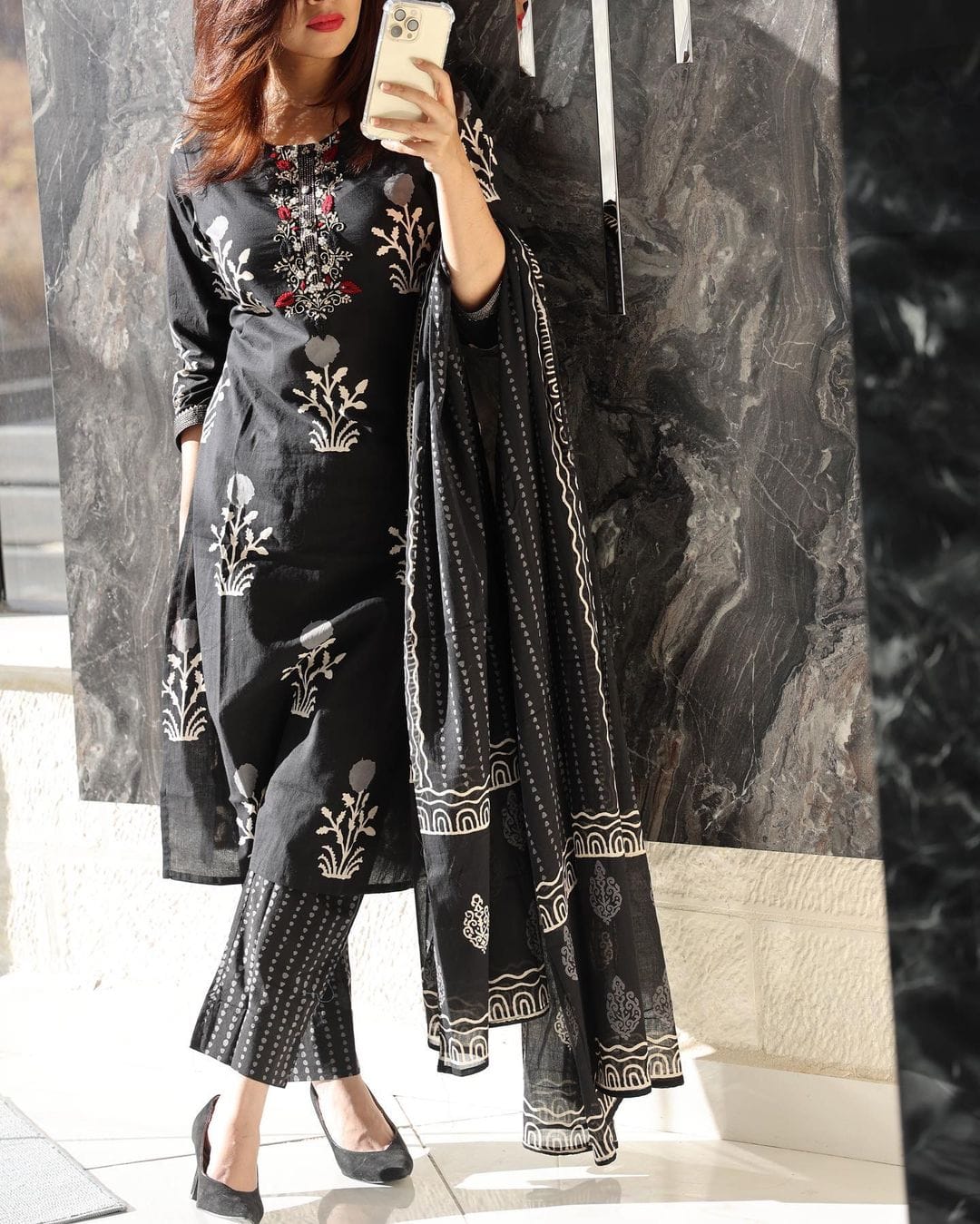 Black Embroidered Cotton Kurta Pant Set with Dupatta | Women's Collection