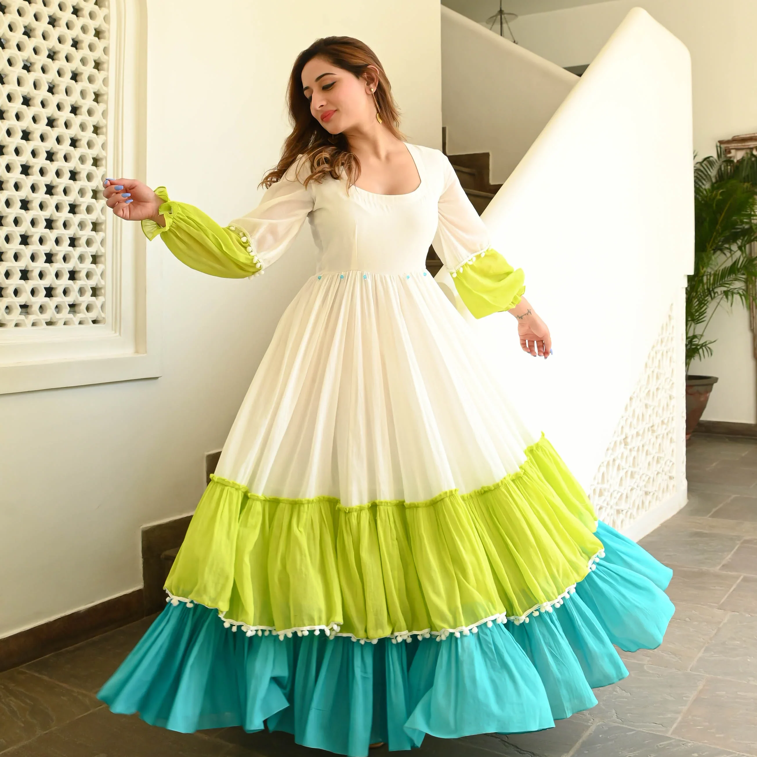 White Green Mint Flared Cotton Anarkali Gown | Women's Collection