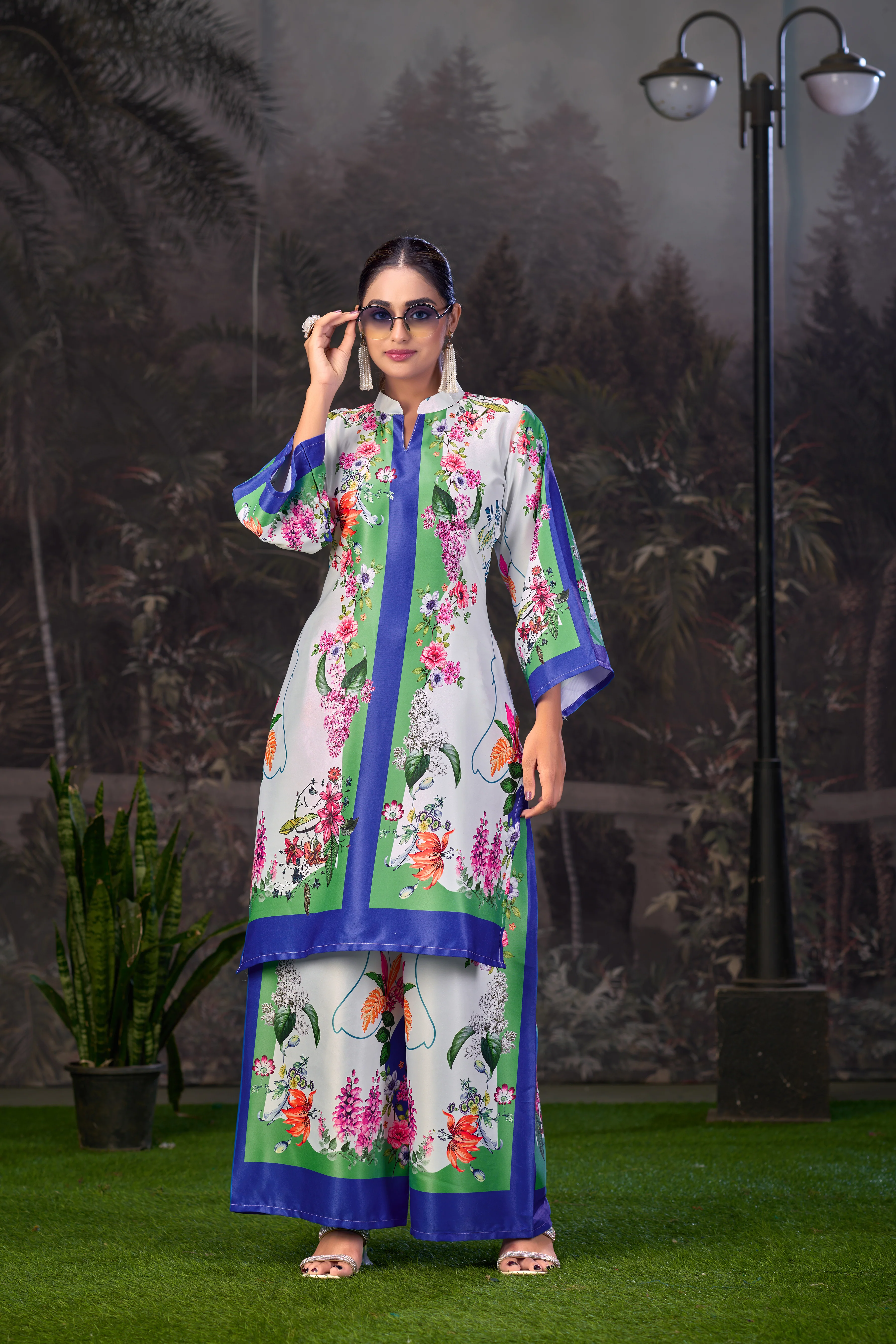 Blue Green Printed Turkish Modal Satin Silk Co-Ord Set | Women's Collection