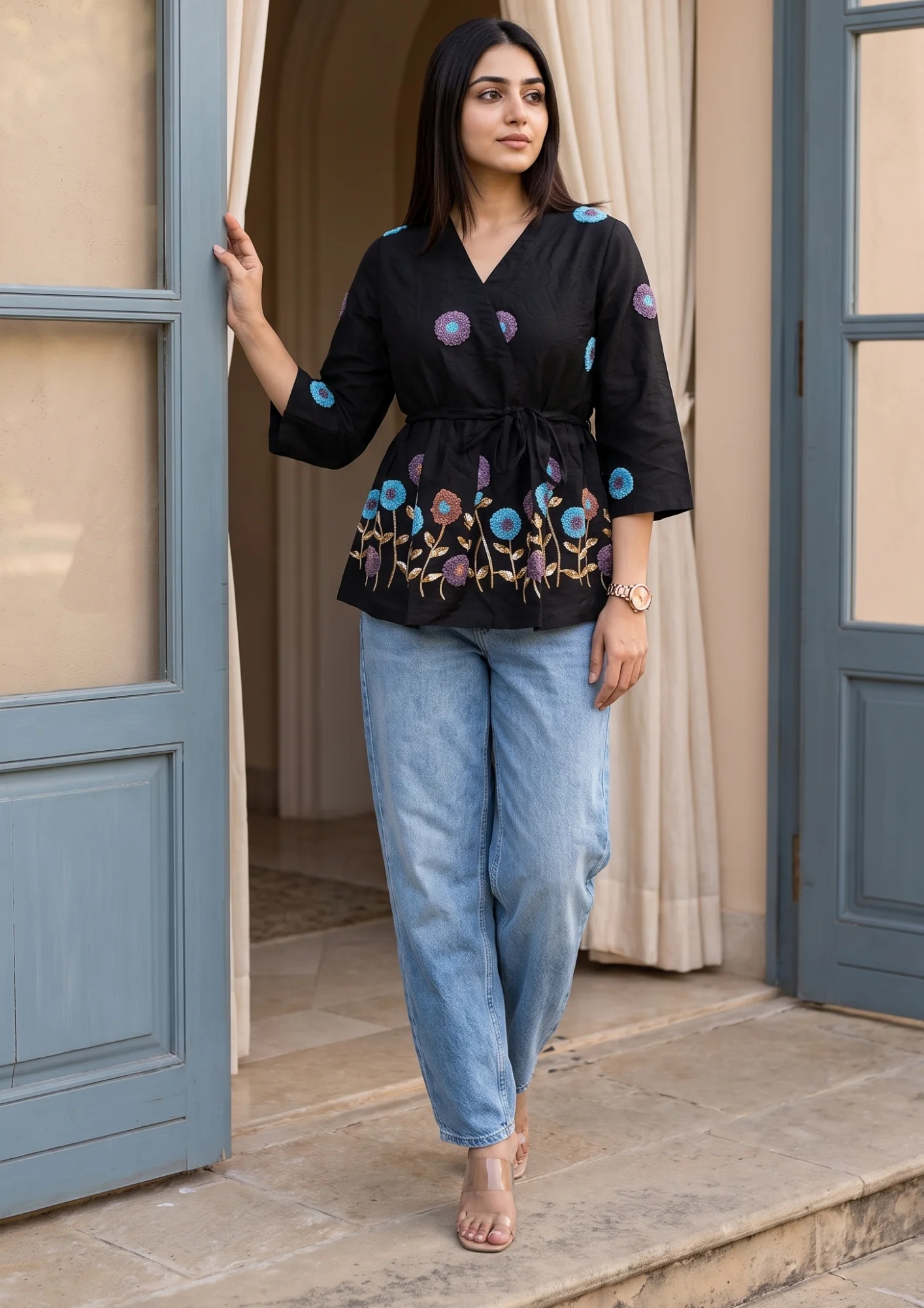 Black Embroidered Rado Cotton Short Kurti | Women's Collection
