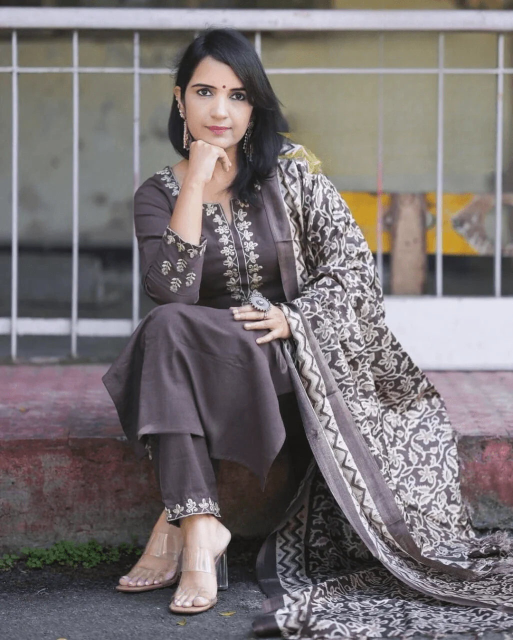 Dark Grey Embroidered Cotton Suit Set | Women's Collection