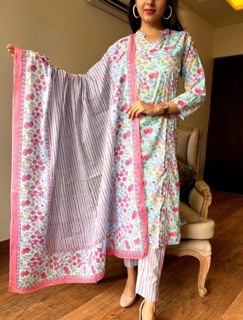 Aero Blue Handblock Printed Cotton Suit Set with Dupatta | Women's Collection