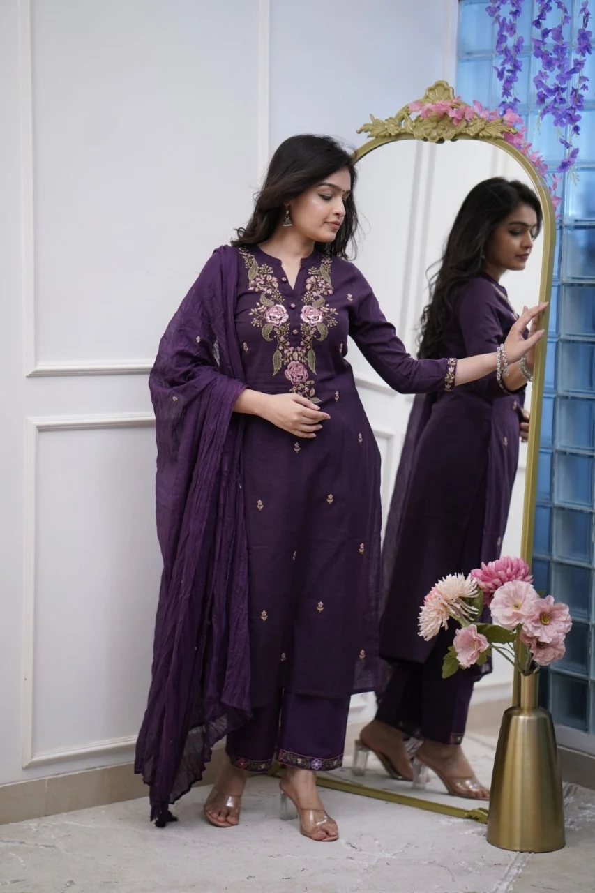 Purple Embroidered Cotton Suit Set with Dupatta | Women's Collection