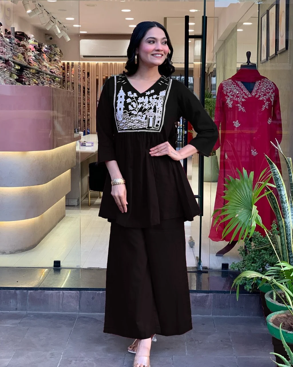 Black Embroidered Cotton Slub Kurta Pant Set | Women's Collection