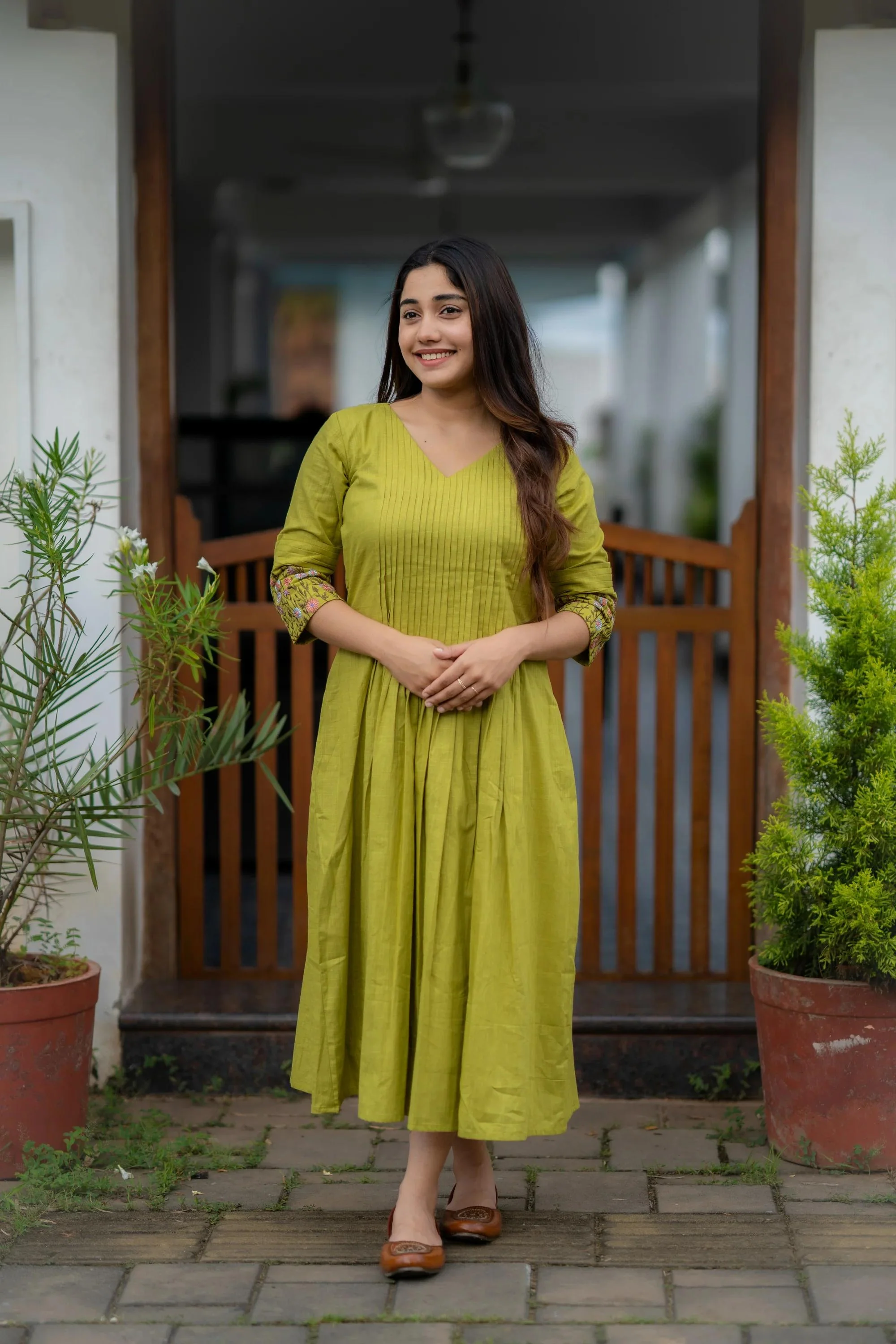 Green Embroidered Printx Work Cotton Anarkali Gown | Women's Collection