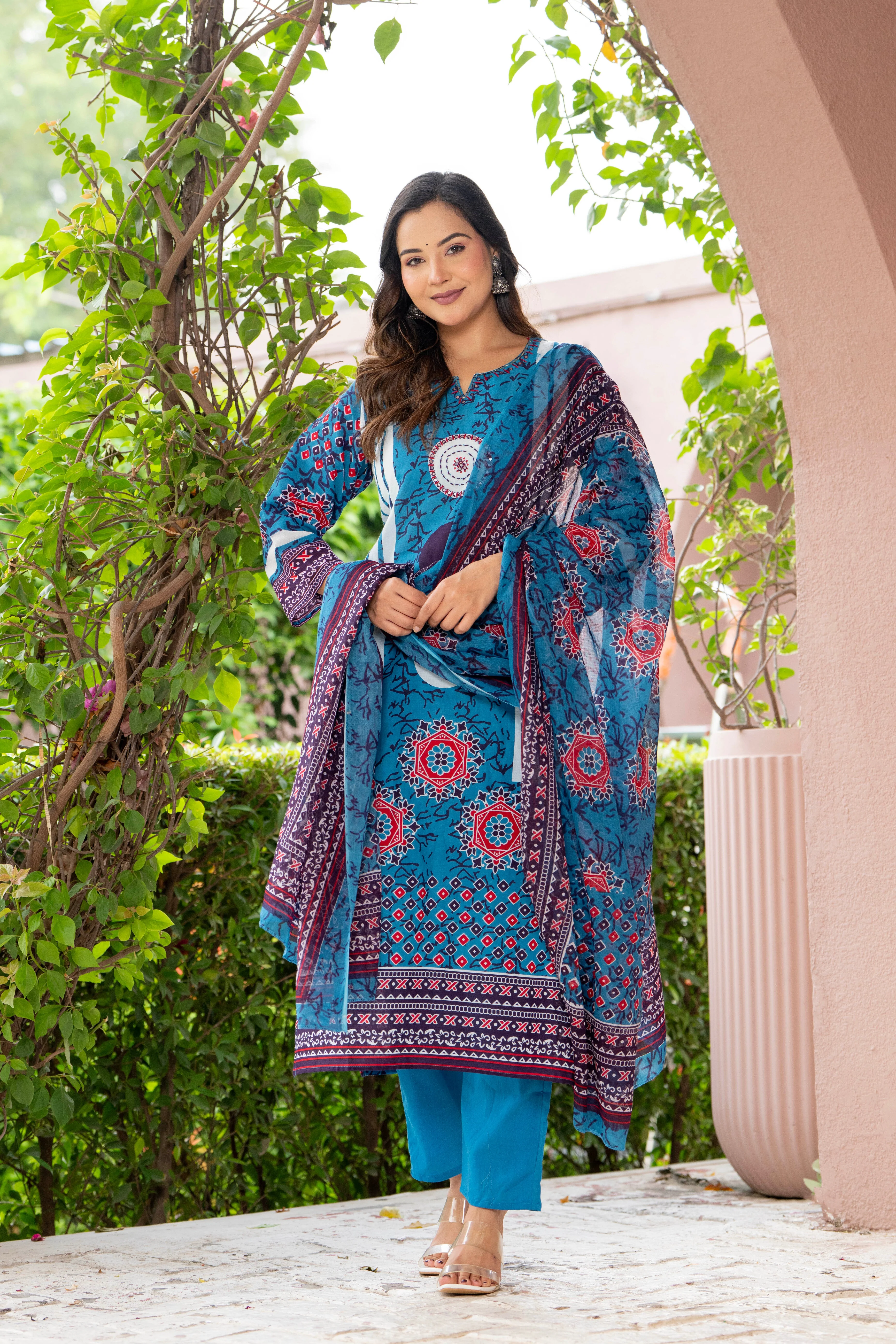 Blue Printed Handwork Cotton Suit Set with Dupatta | Women's Collection