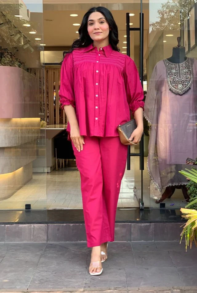 Pink Embroidered Cotton Co-Ord Set | Women's Collection