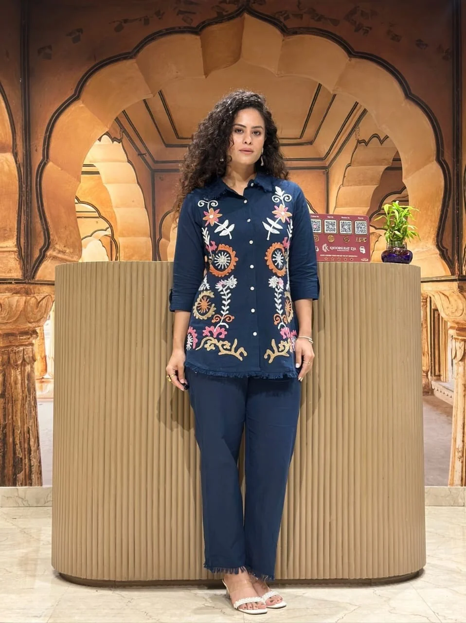 Navy Embroidered Cotton Slub Co-Ord Set | Women's Collection