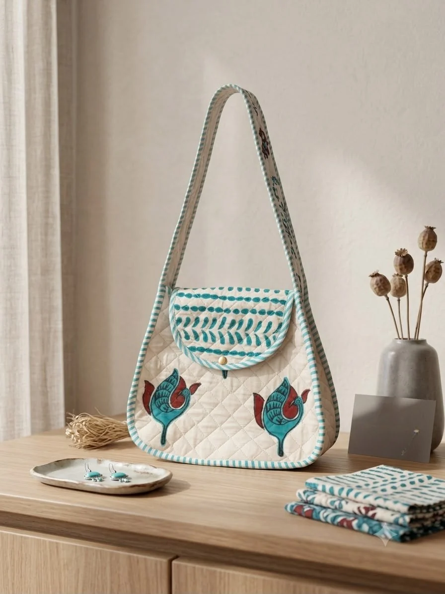 Block Printed Quilted Cotton Shoulder Bag | Women's Collection
