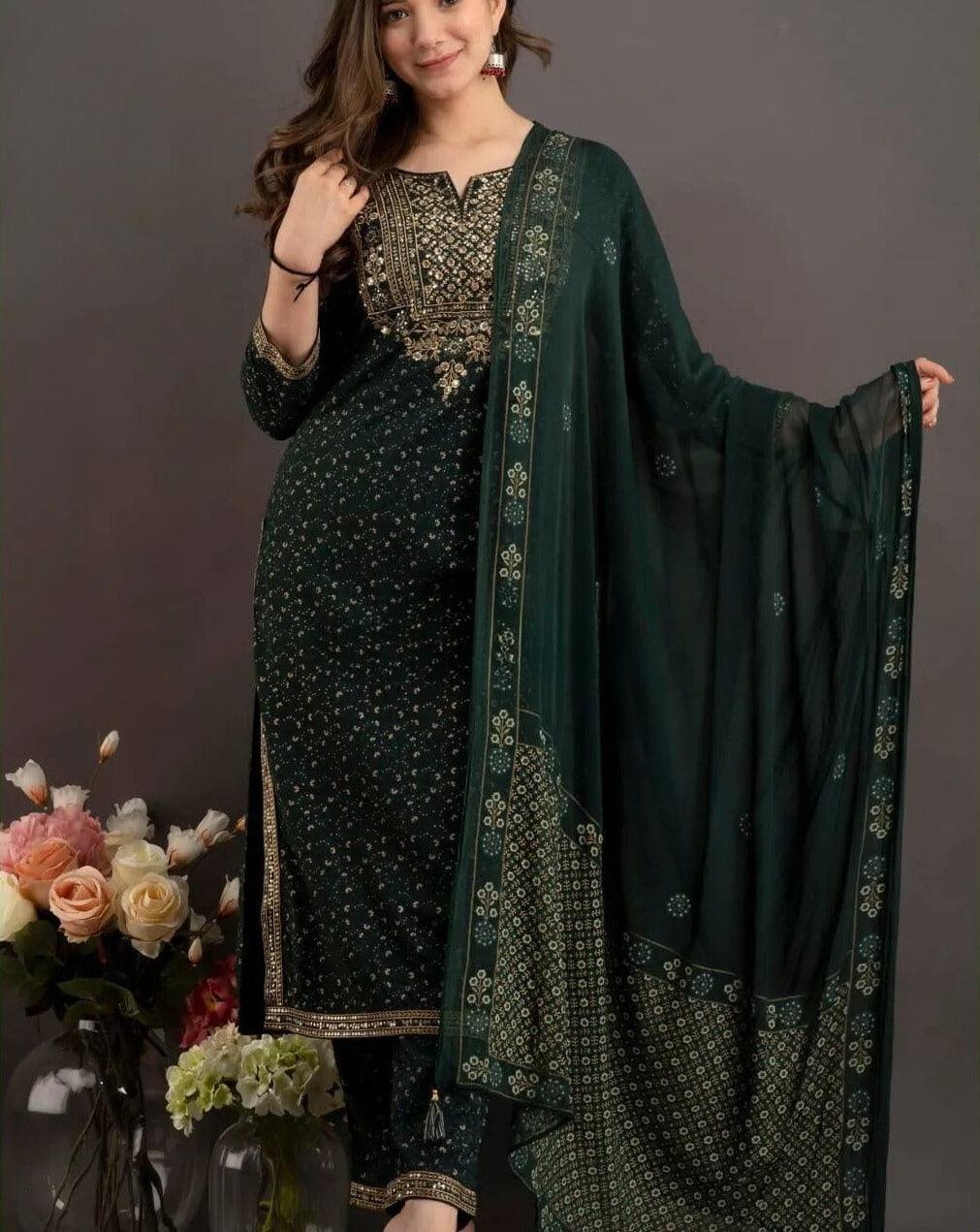Sequence Embroidered Dark Green Kurta Pant Set with Dupatta | Women's Collection