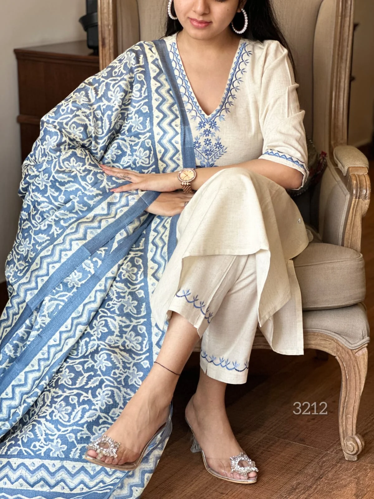 Off White Embroidered Cotton Flex Suit Set with Cotton Silk Dupatta | Women's Collection