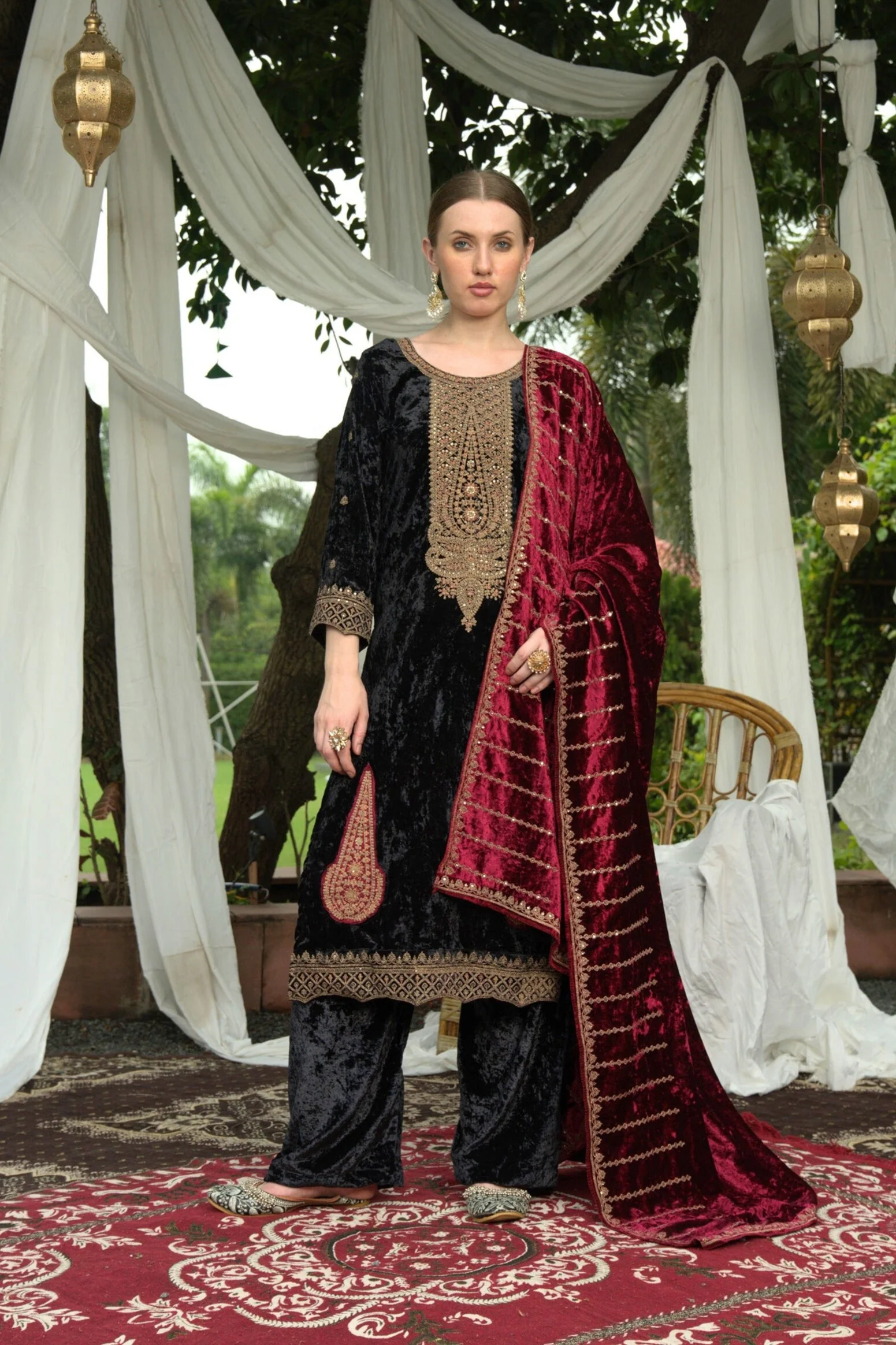 Black Red Designer Velvet Pakistani Suit Set | Women's Collection