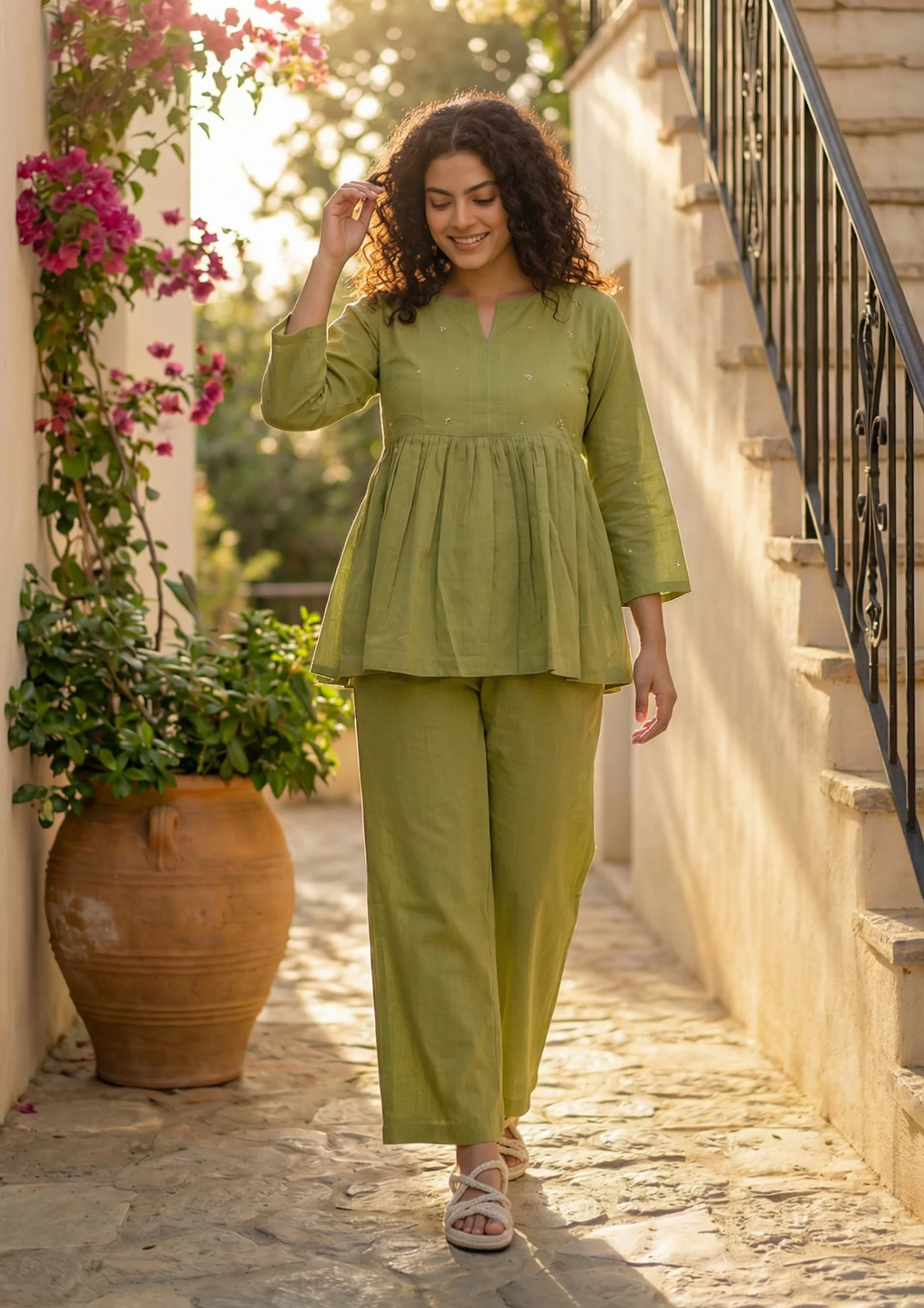 Green Embroidered Cotton Co-Ord Set | Women's Collection