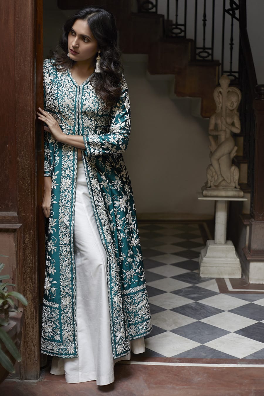 Greenish Blue Heavy Embroidered Magic Cotton Shrug with Palazzo Set | Women's Collection