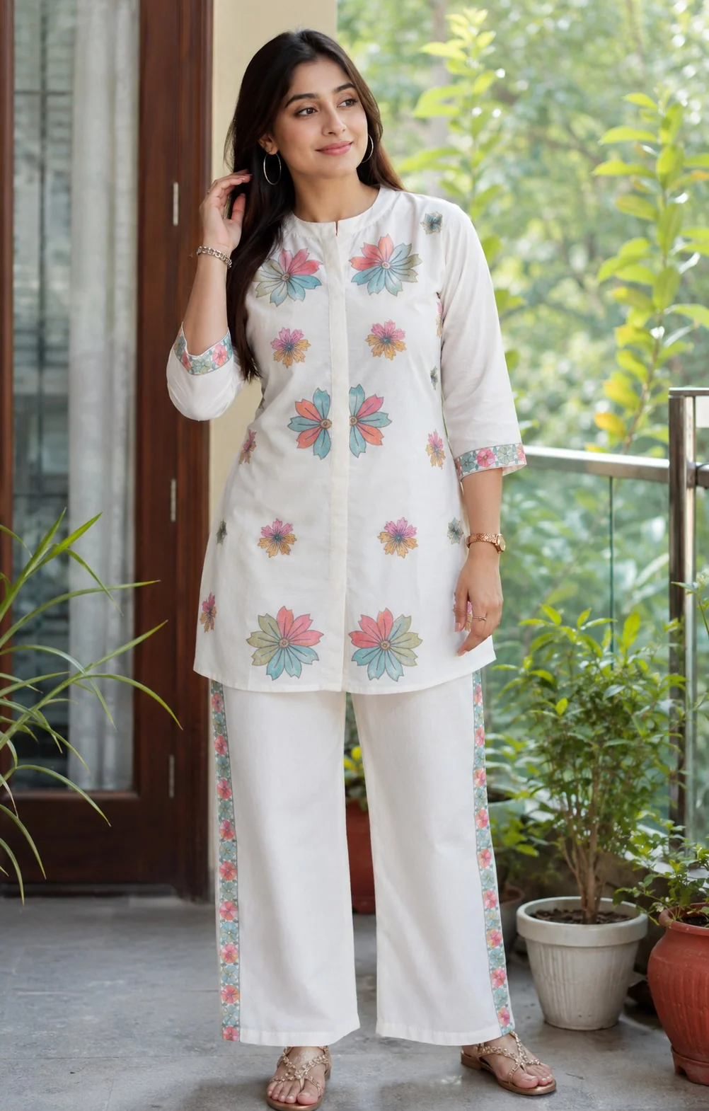 Off White Embroidered Cotton Flex Co-Ord Set | Women's Collection