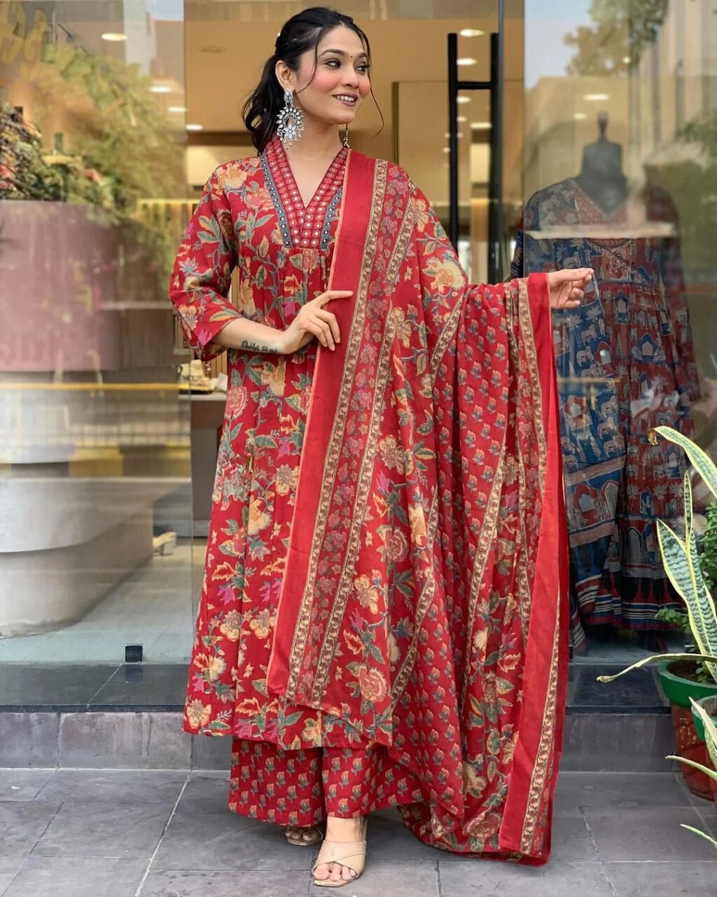 Reddish Floral Printed Cotton Suit Set with Mulmul Dupatta | Women's Collection
