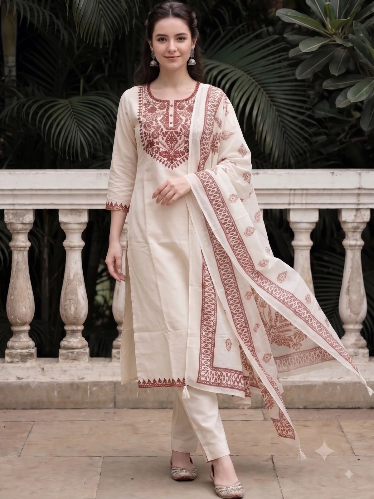 Off White Embroidered Cotton Flex Kurta Pant Set with Dupatta | Women's Collection