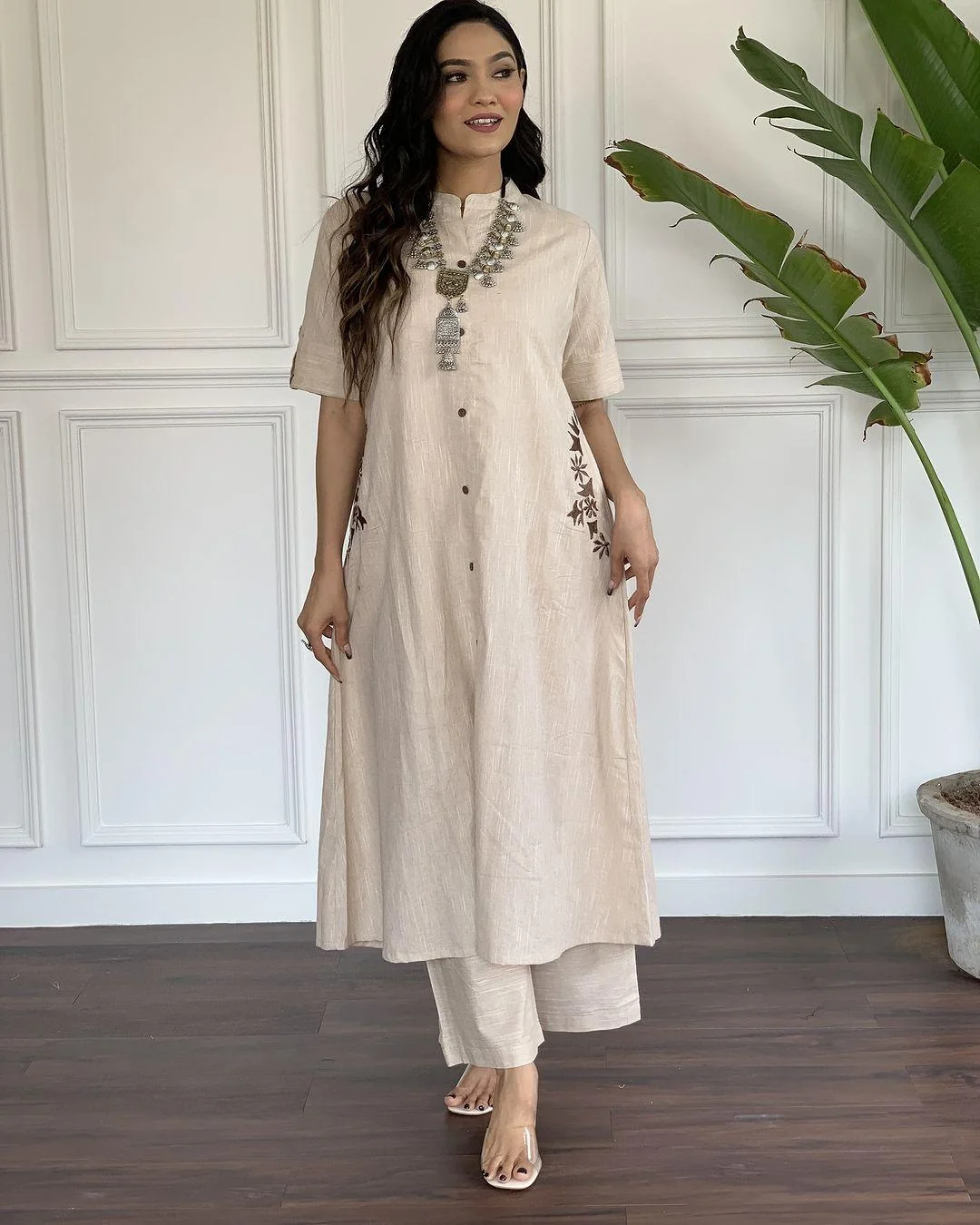 Foggy Grey Embroidered Cotton Kurta and Palazzo Set | Women's Collection