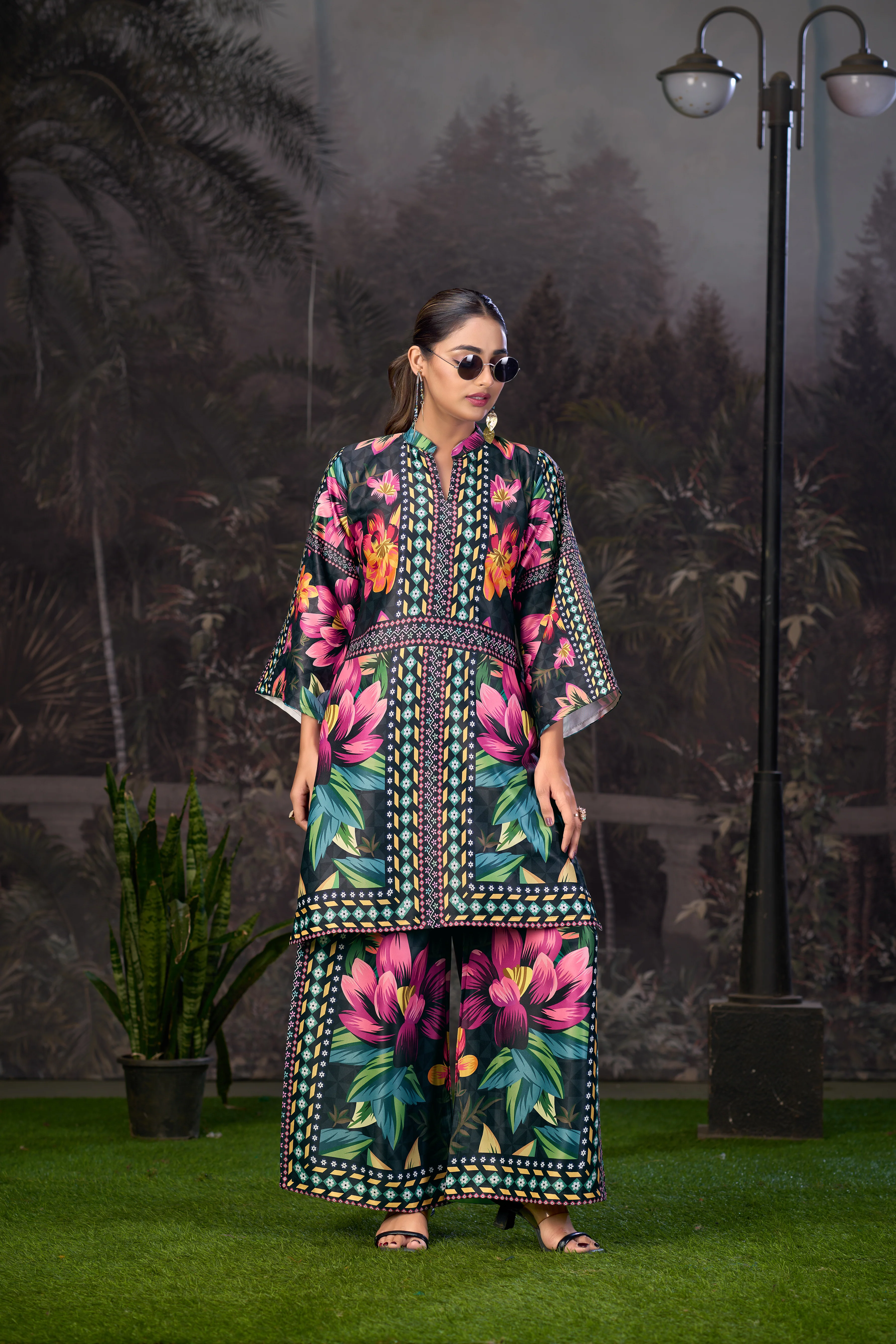 Black Pink Printed Turkish Modal Satin Silk Co-Ord Set | Women's Collection