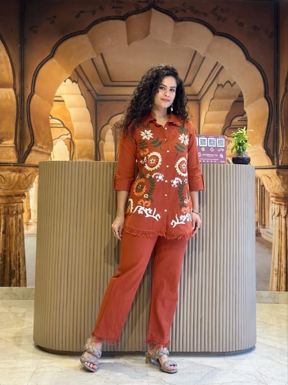 Brownish Red Embroidered Cotton Slub Co-Ord Set | Women's Collection