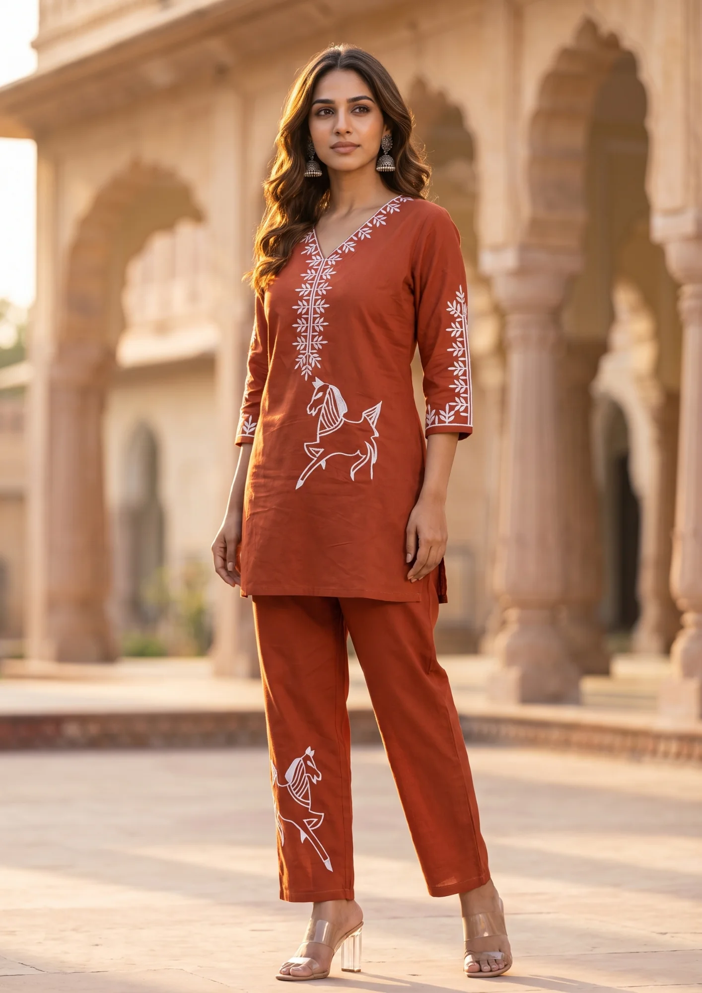 Red Embroidered Cotton Co-Ord Set | Women's Collection