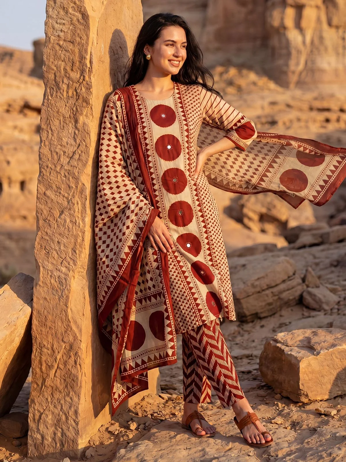Beige Maroon Printed Cotton Kurta Pant Set with Dupatta | Women's Collection