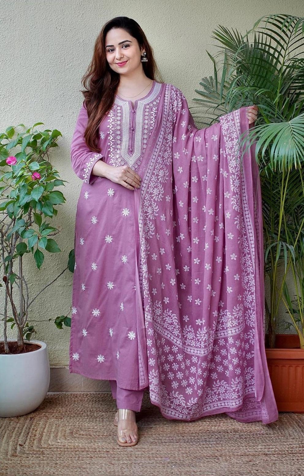 Dusty Lavender Embroidered Suit Set with Dupatta | Women's Collection
