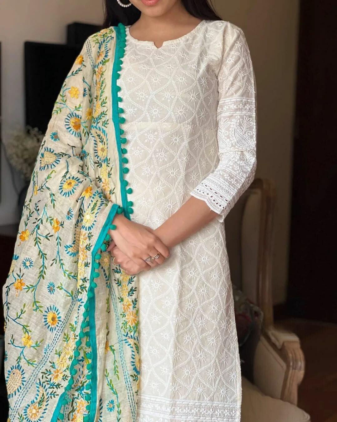 Chikankari Off White Kurta Pant Set with Printed Chanderi Dupatta | Women's Collection