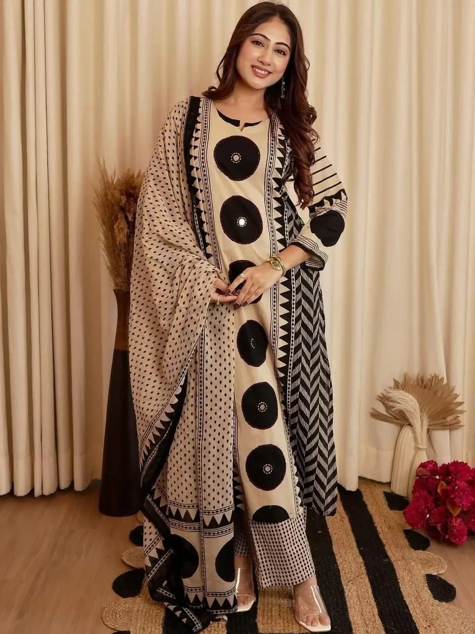 Beige Black Printed Cotton Kurta Pant Set with Dupatta | Women's Collection