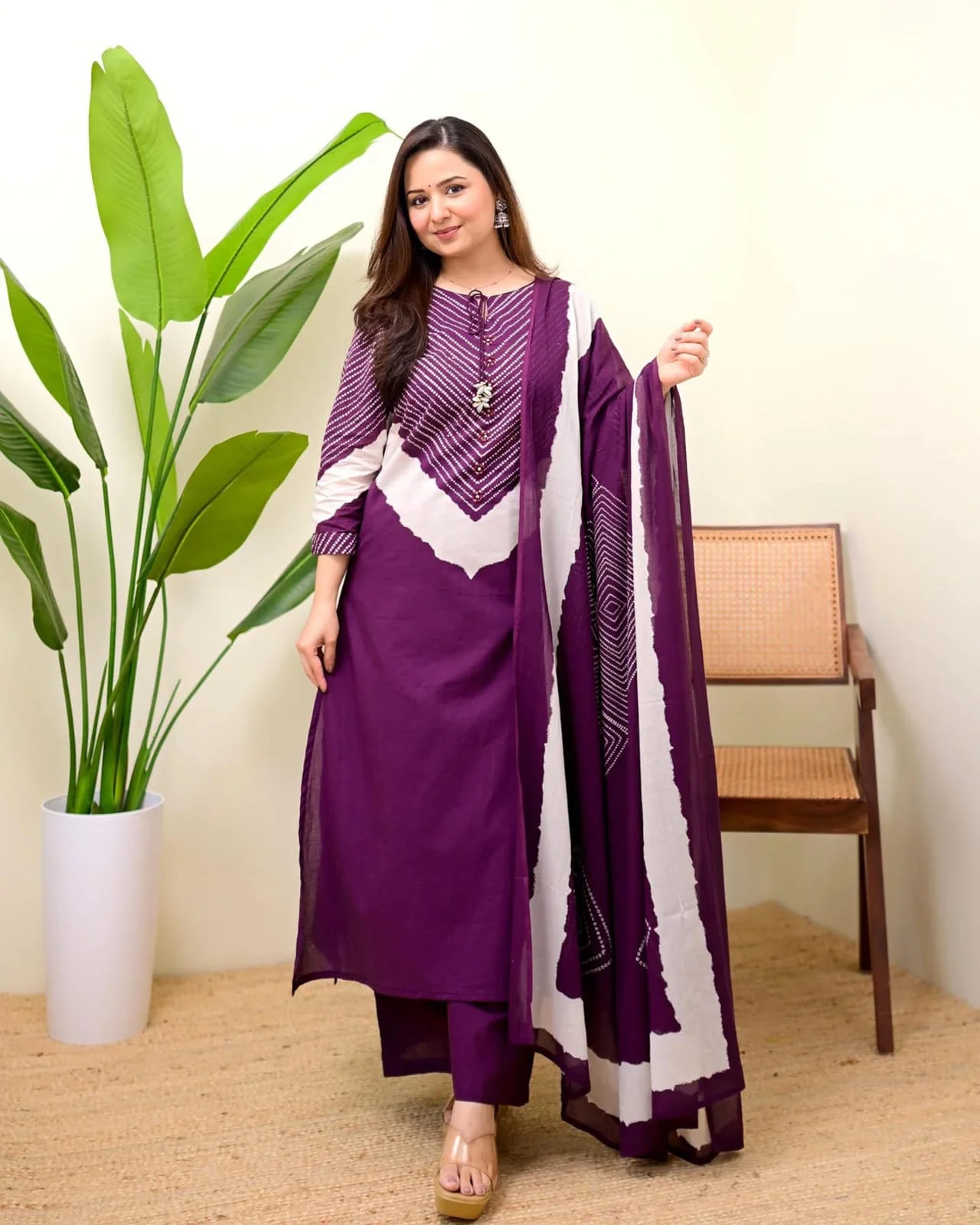 Wine Berry Mirror Work Cotton Kurta Pant Set with Dupatta | Women's Collection