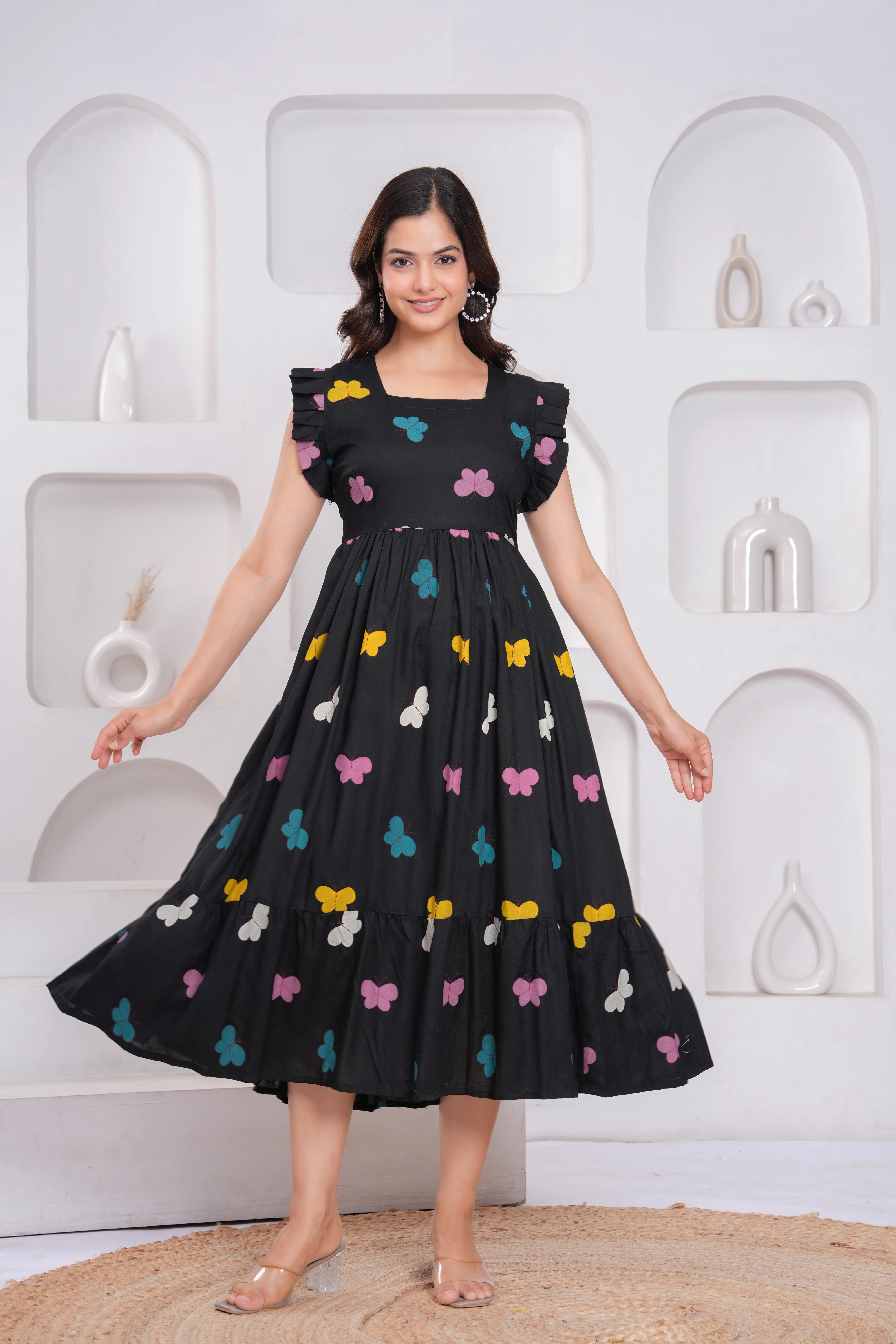 Black Butterfly Printed Rayon Anarkali Gown | Women's Collection