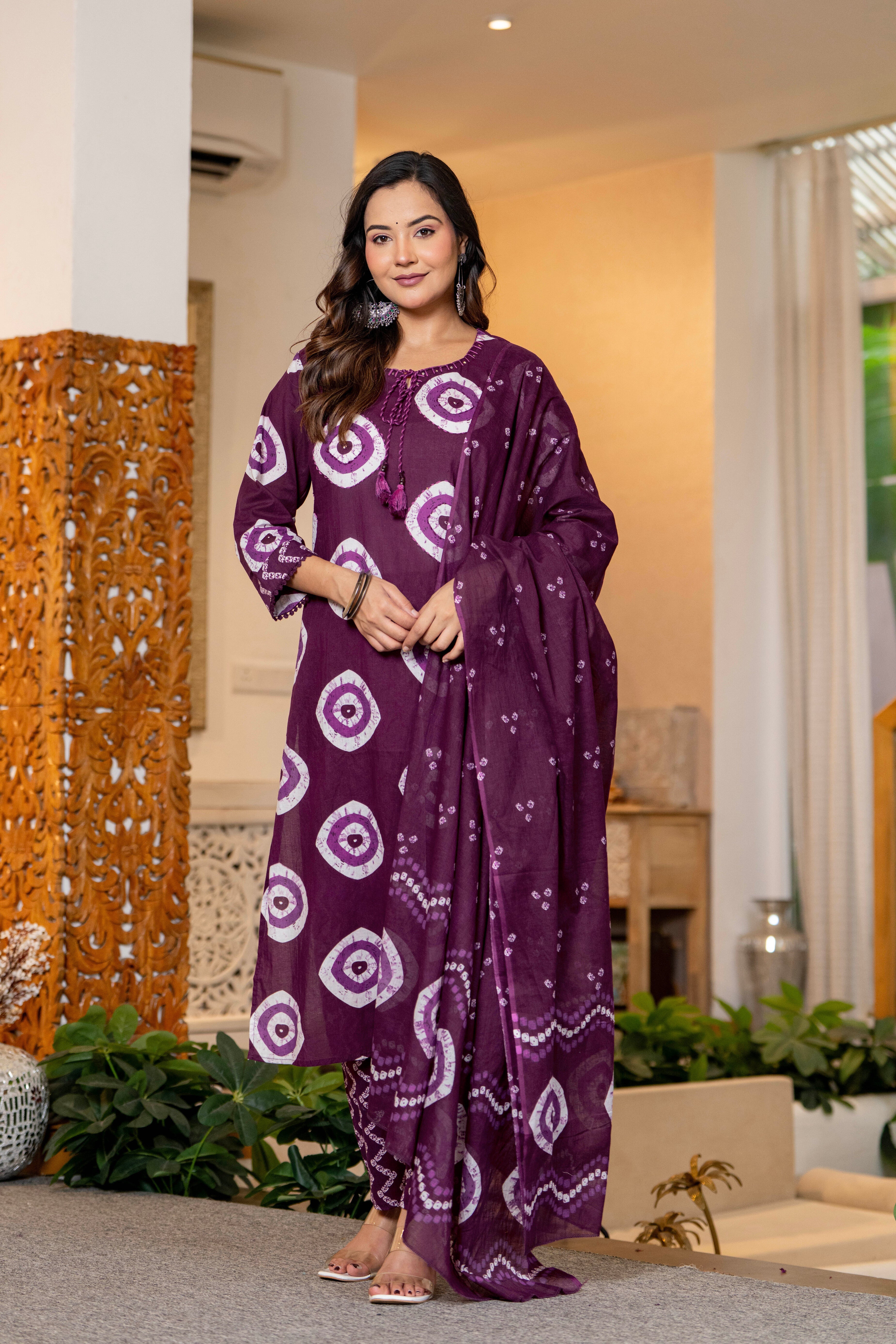 Wine Berry Printed Handwork Suit Set with Dupatta | Women's Collection