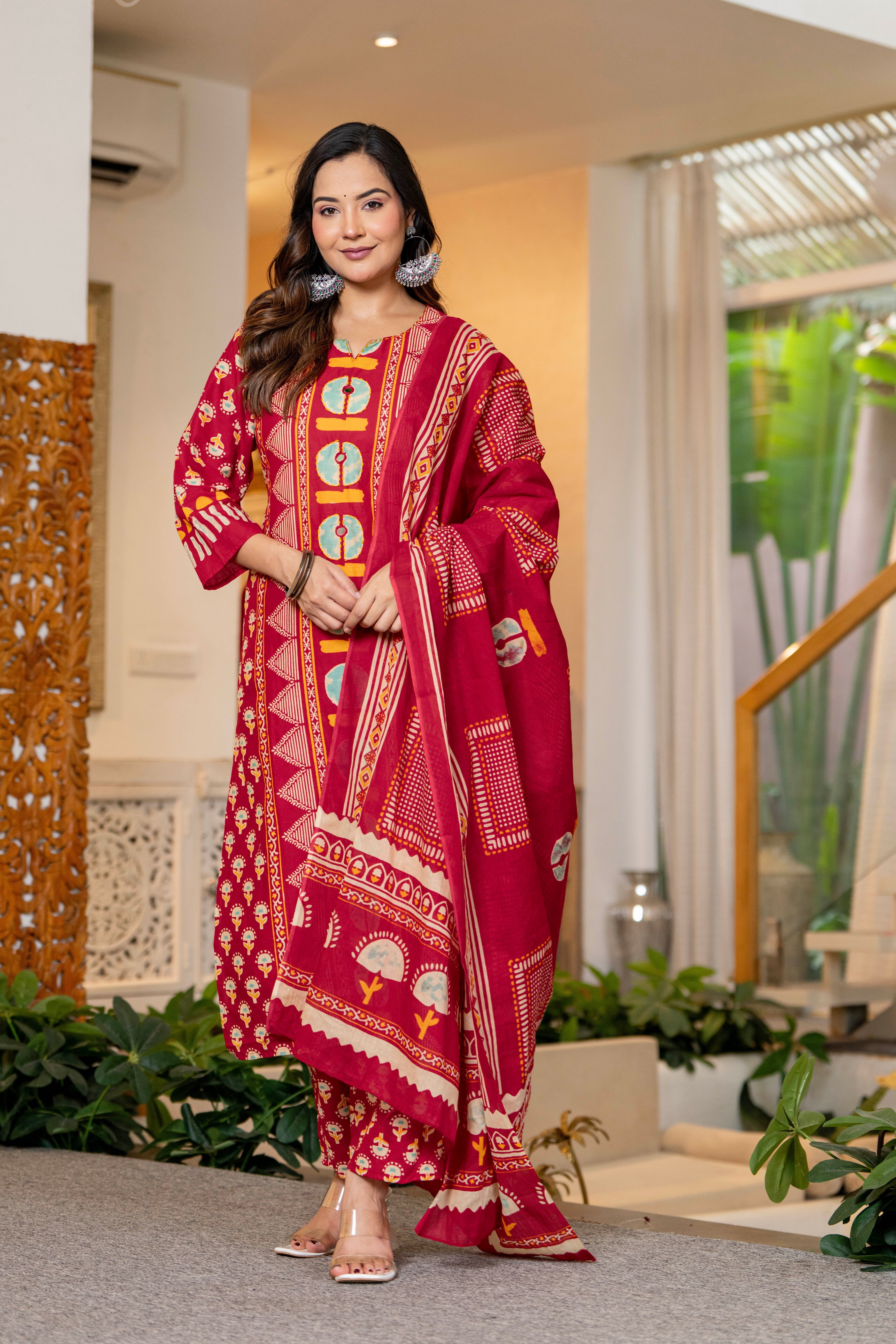Red Printed Handwork Cotton Suit Set with Dupatta | Women's Collection