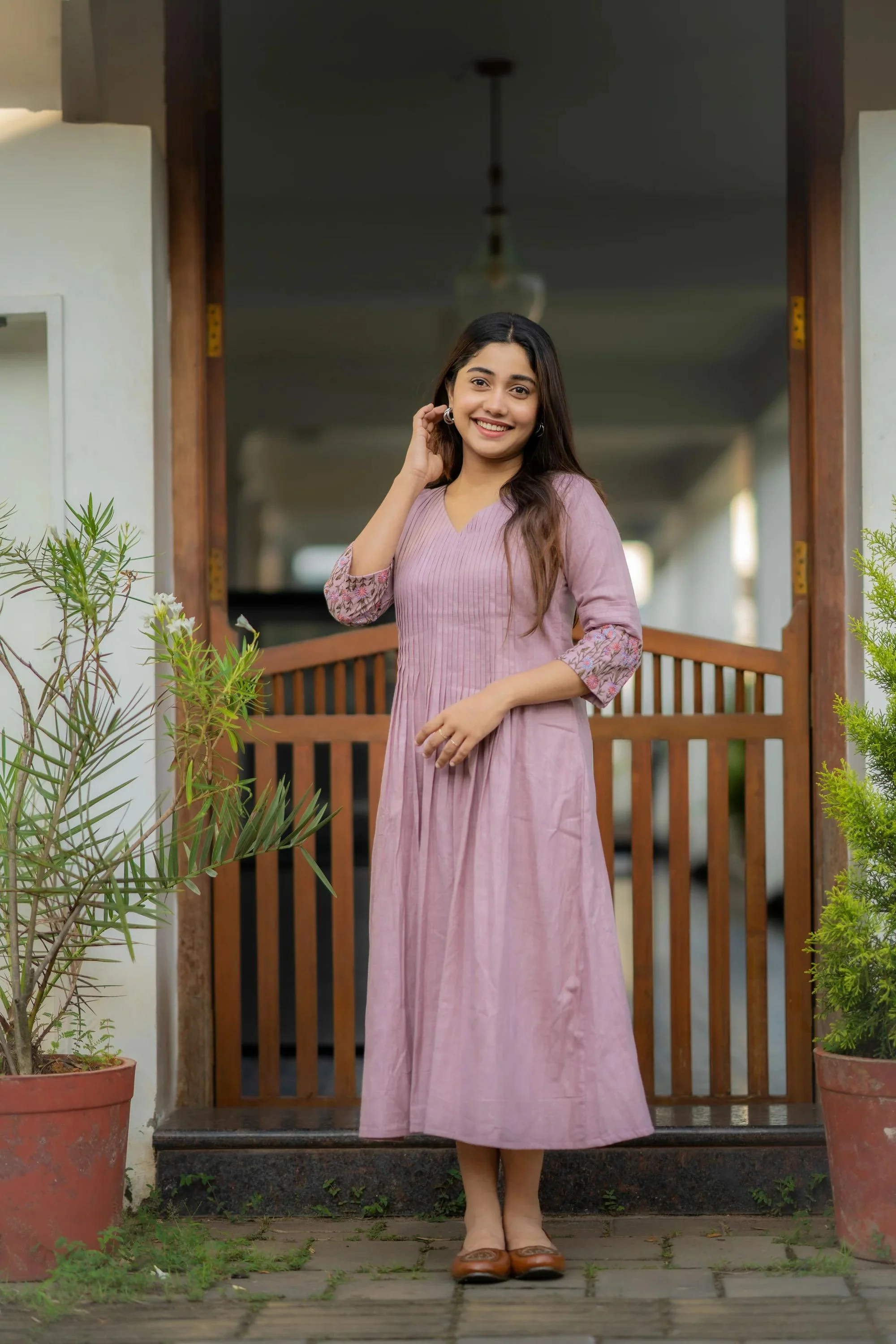 Dusty Lavender Embroidered Printx Work Cotton Anarkali Gown | Women's Collection