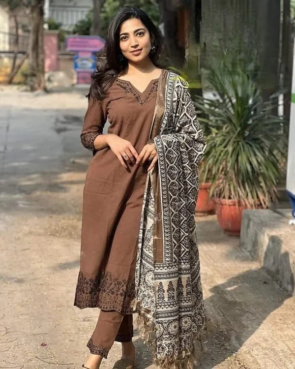 Brown Embroidered Cotton Suit Set with Dupatta | Women's Collection