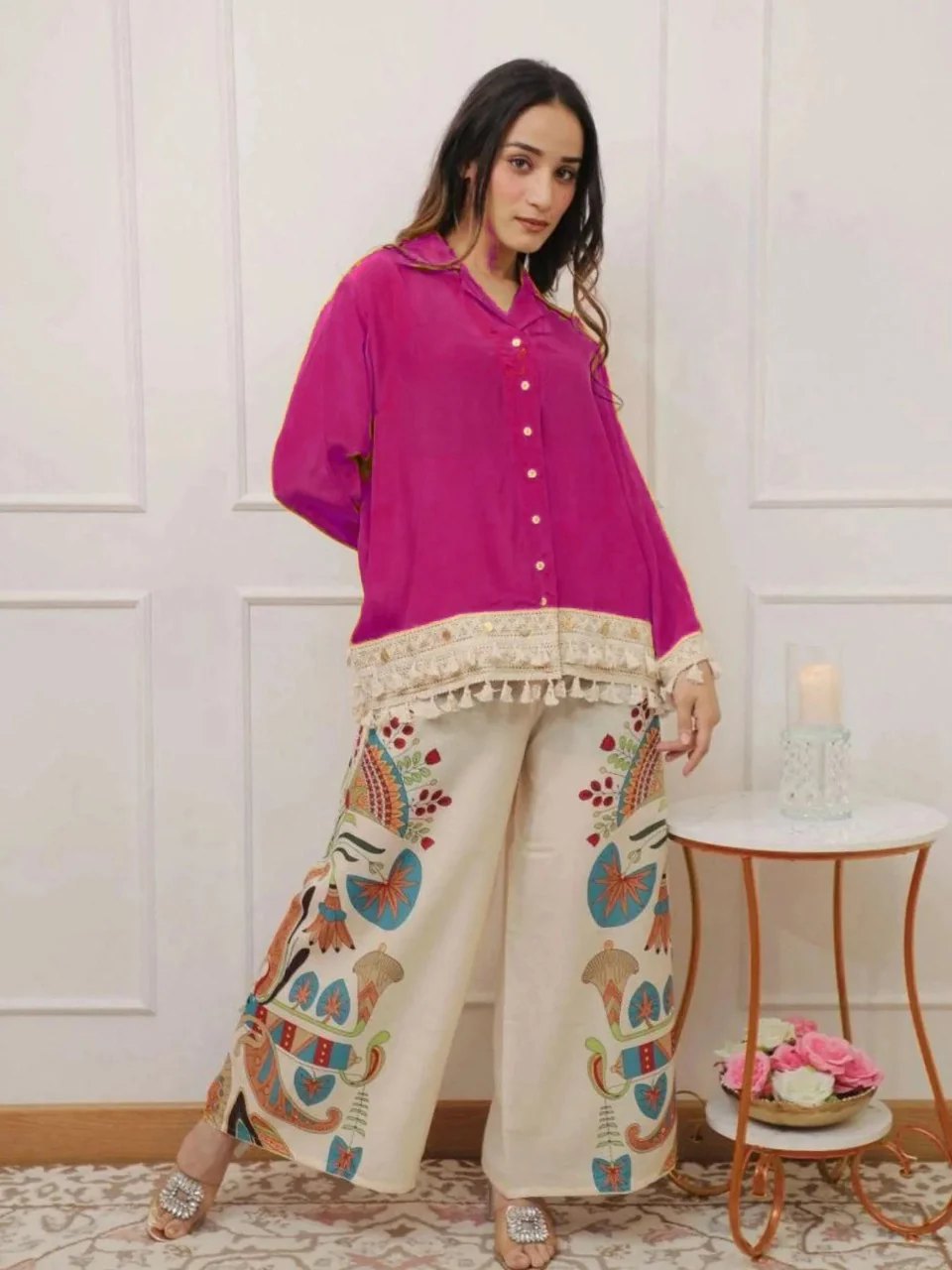 Pink Lace Work Cotton Flex Co-Ord Set | Women's Collection