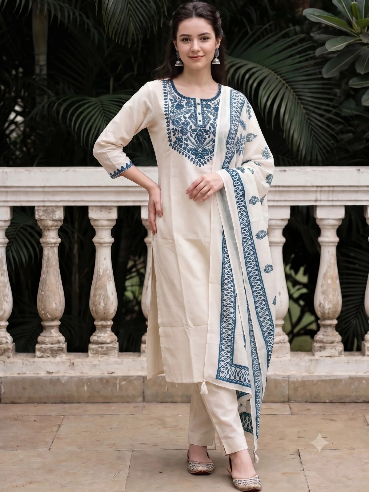 Off White Embroidered Cotton Kurta Pant Set with Dupatta | Women's Collection